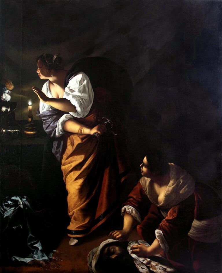 In a dark tent, Judith shields a candle with her hand while holding a sword hilt; her maid crouches beside the veiled head of Holofernes, ready to wrap it, as brass vessels and deep shadows frame the tense, candlelit scene.