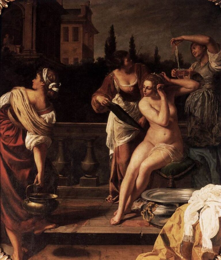 On a palace terrace at dusk, Bathsheba sits nude near a silver basin while three attendants bring a mirror, raise a pearl necklace, and carry a kettle; dark cypresses and architecture rise behind the balustrade.
