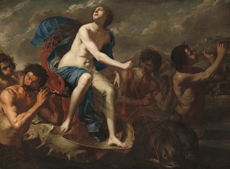 Galatea, nude and draped in a blue mantle, rides a shell chariot drawn by large sea creatures while tritons blow conches and pipes; red reins stream from her hand beneath a clouded, sunlit sky.