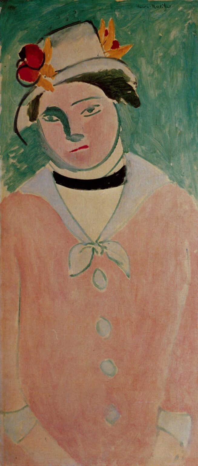 Tall, narrow portrait of a woman against a sea-green background wearing a pale brimmed hat with red blossoms, a black choker, and a rose-coral coat with a small bow and buttons; features simplified into clear planes and firm contours in Matisse’s 1914 style.