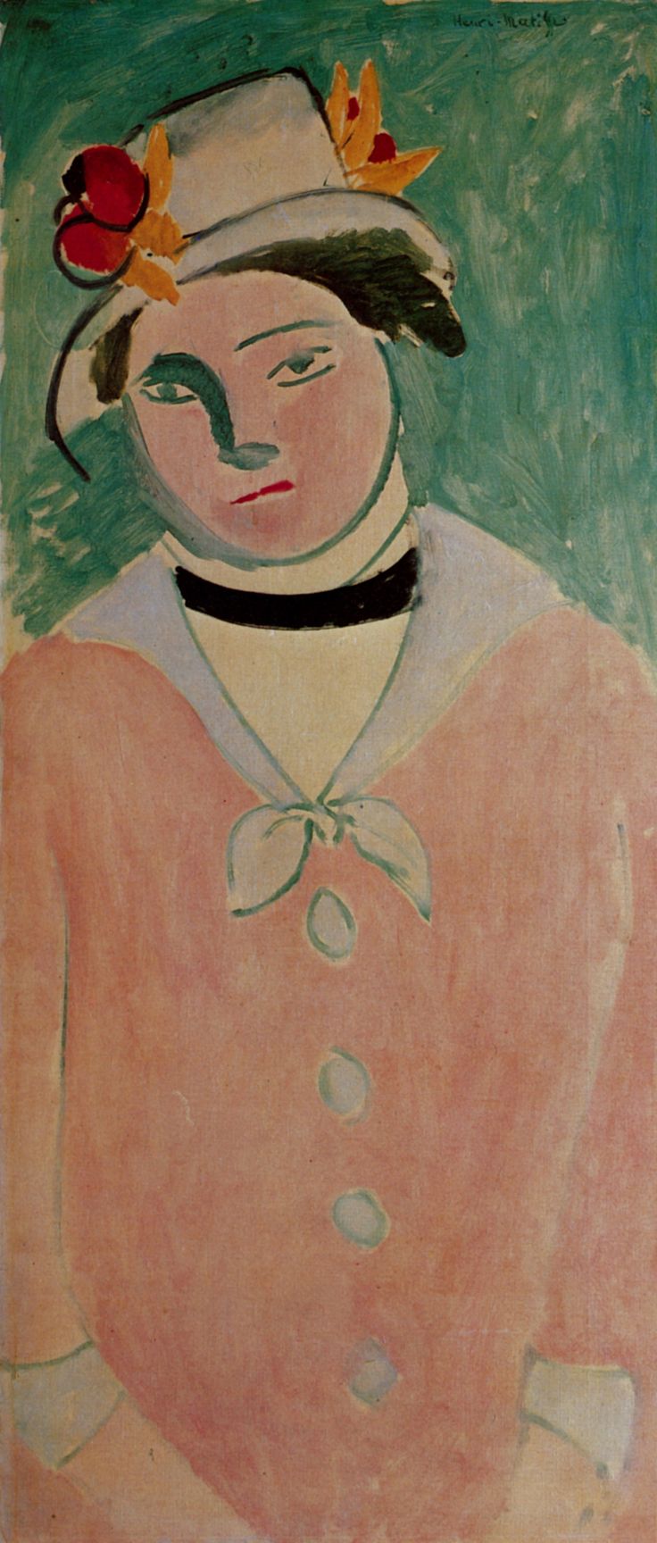 Tall, narrow portrait of a woman against a sea-green background wearing a pale brimmed hat with red blossoms, a black choker, and a rose-coral coat with a small bow and buttons; features simplified into clear planes and firm contours in Matisse’s 1914 style.