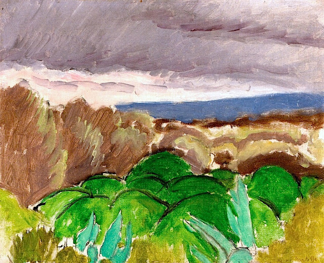 A small 1917 landscape by Henri Matisse with rounded, bright-green shrubs in the foreground, a warm brown middle band of scrub, a narrow blue strip of sea on the horizon, and a layered gray storm sky with a pale light band above the water; strong dark contours and broad brushstrokes create a poised image of approaching weather.