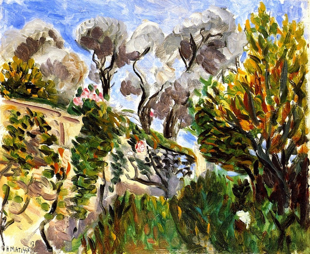 A lively garden scene by Henri Matisse showing stone terraces, twisting olive trunks with gray-lilac canopies, and a tall yellow-green tree at right under a bright blue sky; quick brushstrokes, flexible black contours, and warm-cool color contrasts create a sunlit, wind-touched view of Renoir’s garden in Cagnes.