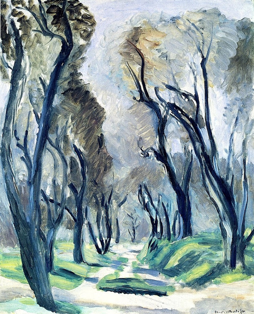 A cool-toned landscape showing a winding path through an olive grove, with tall, slender trees curving inward and a pale blue-gray sky, painted by Henri Matisse in 1920.