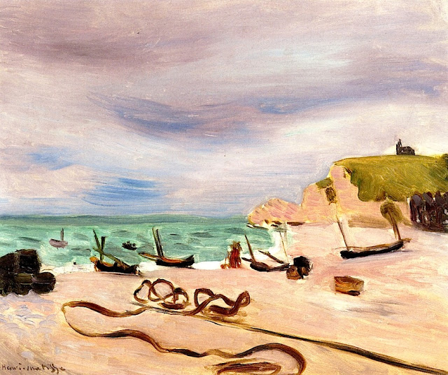Normandy beach scene with looping coils of rope in the foreground, small boats beached along the sand, a green sea under a lavender-gray sky, and a chalk headland topped with green turf and a tiny chapel at the right.