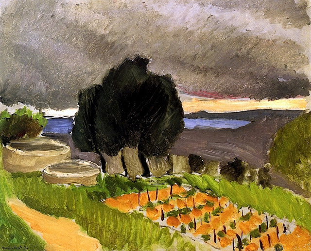Terraced Mediterranean landscape with two round stone cisterns at left, orange-brown garden mounds in bright green grass, a dark cluster of trees against a long strip of water, and a heavy grey sky split by a thin band of light, painted by Henri Matisse.