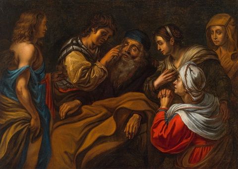 In a dim interior the young Tobias gently applies a remedy to his blind father’s eye as the archangel Raphael stands nearby and women of the household lean in with prayerful hope; warm light highlights faces, hands, and the bed’s ochre folds against deep shadow.