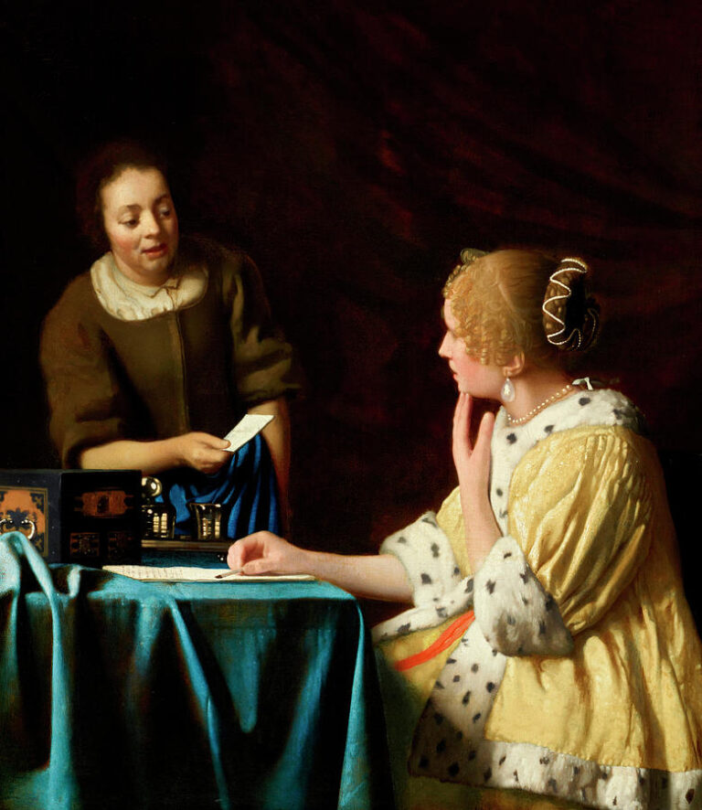 A richly dressed woman in a yellow fur-trimmed jacket pauses at a blue-draped table as a maid hands her a sealed letter; a writing casket and papers sit nearby, and strong light from the left illuminates the figures against a dark curtain.