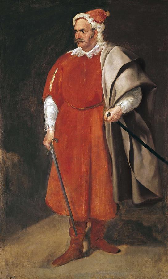 Full-length portrait of a man in a vivid red robe and cap with a gray mantle, standing firmly with a sword in his right hand and a black baton in his left, set against a dark, atmospheric background.