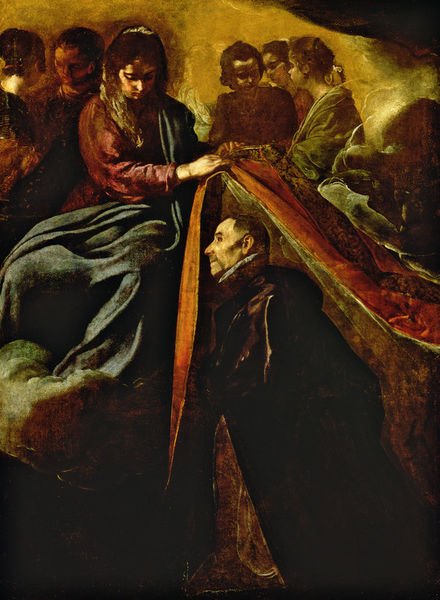 The Virgin seated among witnesses extends a richly colored robe to the kneeling St Ildephonsus, their hands meeting in a dark, tenebrist space where luminous drapery and calm faces convey a sacred exchange.
