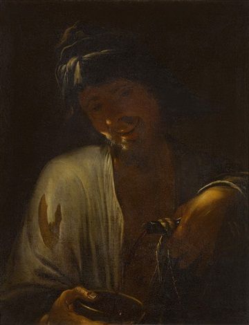 In a dark room a bearded man in a patched shirt and simple headscarf smiles as he tips a bottle to fill a cup; soft light highlights his face, sleeve, hands, and the glinting thread of wine against deep shadow.