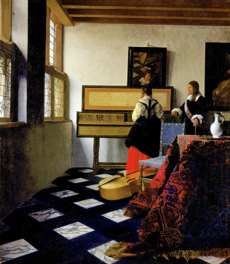 A sunlit interior shows a woman at a virginals and a gentleman instructor beside her; a viol lies on a checkerboard floor, a Persian carpet drapes a foreground table, and a mirror above the instrument reflects the pupil’s face and the windows.