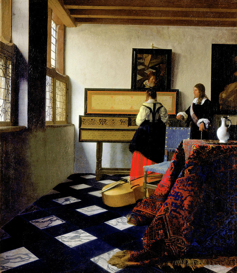 A sunlit interior shows a woman at a virginals and a gentleman instructor beside her; a viol lies on a checkerboard floor, a Persian carpet drapes a foreground table, and a mirror above the instrument reflects the pupil’s face and the windows.