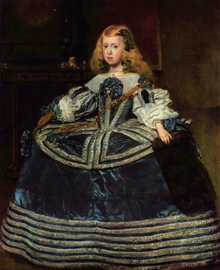 Young Infanta Margarita seated frontally in a wide blue guardainfante with silver bands, pale face framed by ribbons, one hand on a chair and the other on a dark muff, set against a sparse brown interior that lets the satin glow.