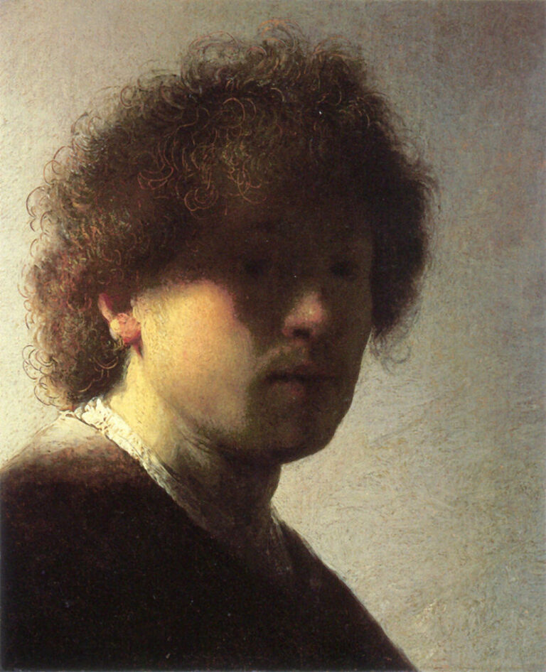 Close self-portrait of the young Rembrandt in three-quarter view; raking light illuminates cheek and ear while much of the face remains in shadow, curls catching highlights against a cool, textured background.