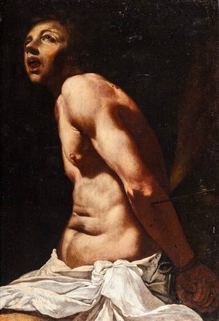 A half-nude Saint Sebastian sits bound in a dark setting, his torso lit dramatically as a single arrow pierces his side; a white cloth is knotted at his hips and his head tilts upward with parted lips, embodying pain and resolve against deep shadow.
