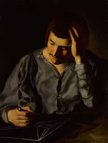 A man in a gray-blue doublet sits at a table under a strong light, one hand to his temple and the other guiding a stylus as he draws crisp white geometric lines on a dark slate; the background is deep shadow, emphasizing focused concentration.
