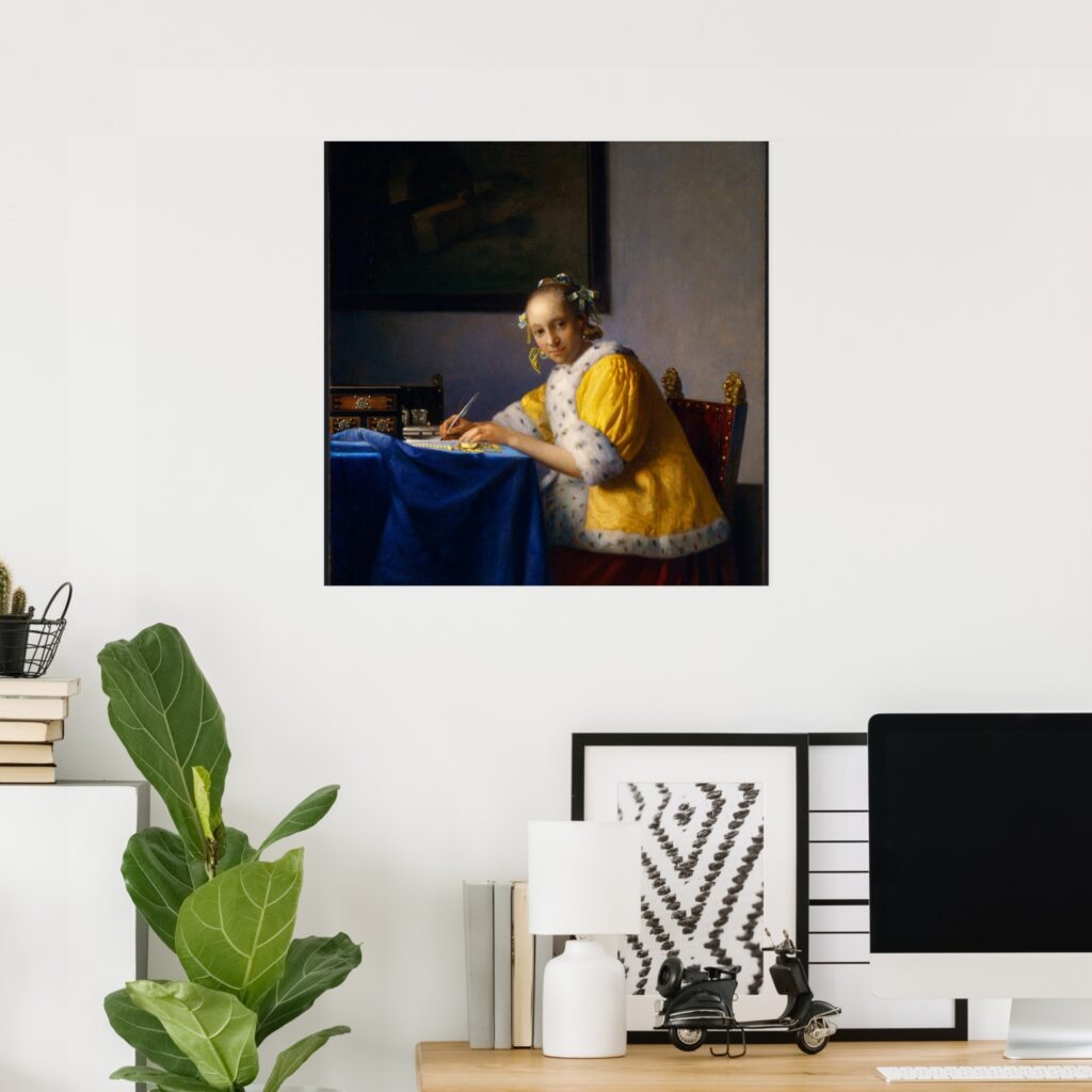 Poster of Johannes Vermeer’s “A Lady Writing” (Dutch Golden Age painting), showing a woman in a yellow jacket seated at a table with a blue cloth, writing with a quill in a quiet interior scene.