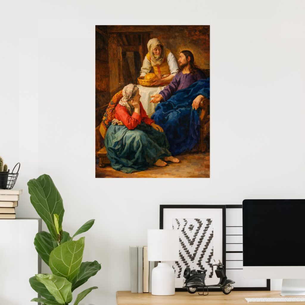 Poster of “Christ in the House of Martha and Mary” by Johannes Vermeer, a Dutch Baroque interior scene showing Christ seated in a home while Martha serves and Mary listens, richly detailed clothing and warm light.
