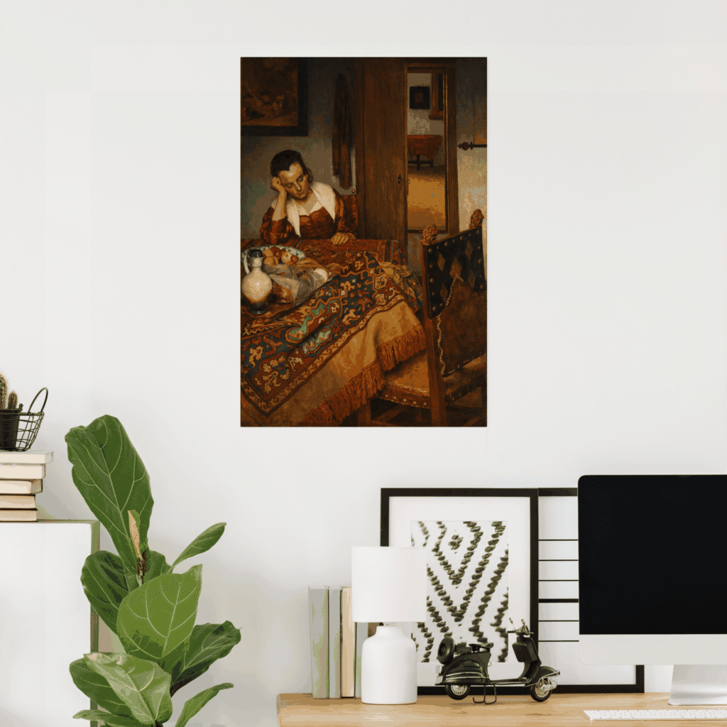 Poster print of “A Maid Asleep” by Johannes Vermeer, Dutch Golden Age interior scene showing a maid dozing at a table with fruit and a patterned cloth, warm light and quiet domestic atmosphere.