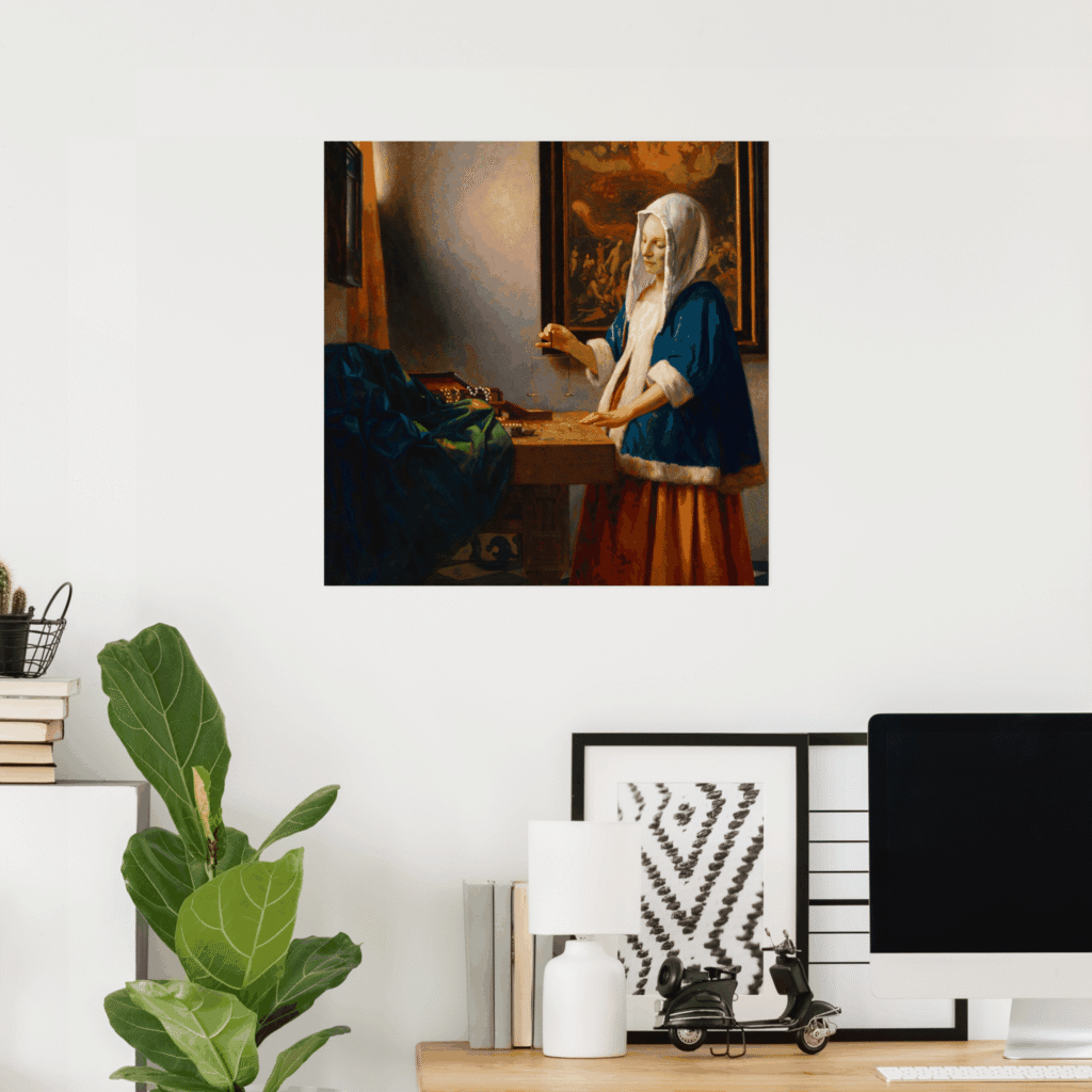 Poster of Johannes Vermeer’s “Woman Holding a Balance,” showing a woman in a blue jacket and white headscarf weighing a balance beside a table with jewelry in a softly lit Dutch interior.