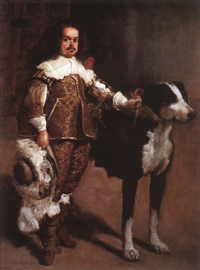 Full-length portrait of a richly dressed court entertainer standing beside a very large black-and-white dog in a dim interior, the man holding a plumed hat and leash while facing the viewer with a calm, steady gaze.