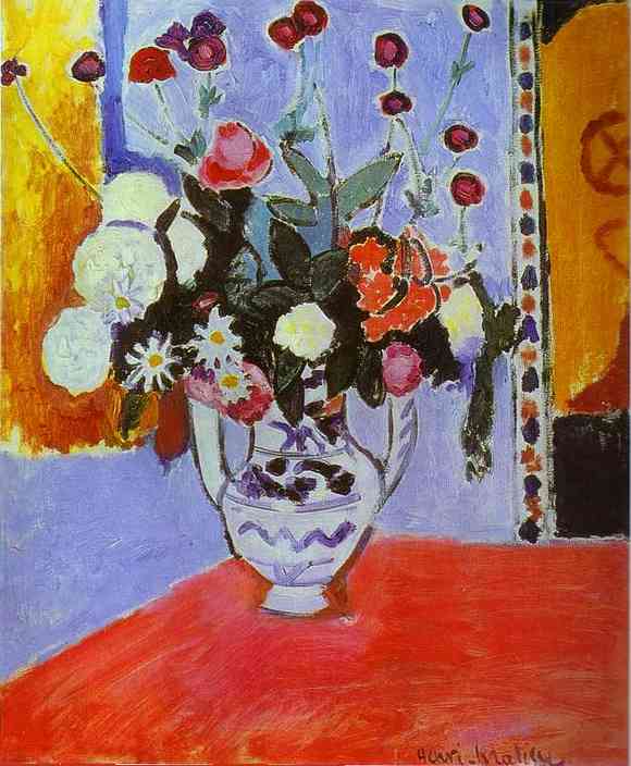 White two-handled vase holding a vivid bouquet on a red table before lilac and gold walls with a dotted border, painted in flat color planes with dark contours by Henri Matisse in 1907.