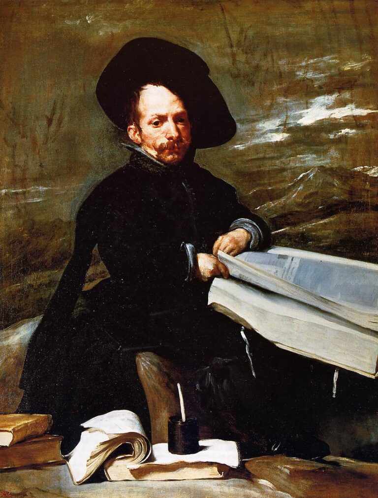 A man with dwarfism in black clothing and a wide hat sits before a dark, painterly background, holding a large open book on his lap; nearby lie stacked volumes, loose pages, and an inkpot with a quill, all lit by soft side light.