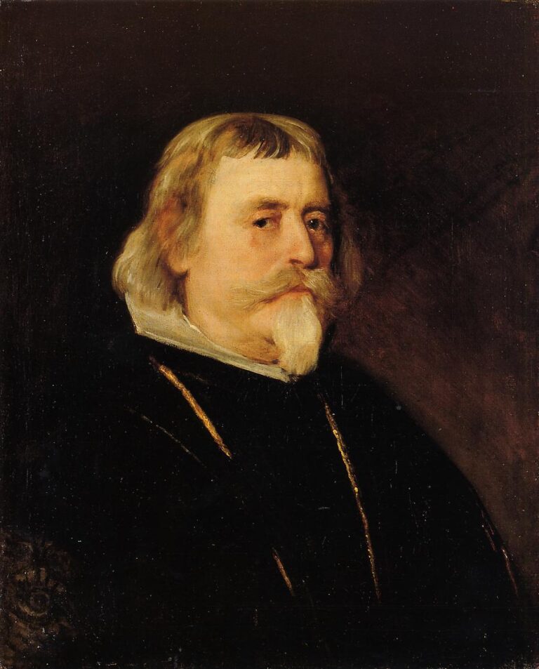 Half-length portrait of a gray-haired man with moustache and pointed goatee, wearing a dark habit and white collar, turned three-quarters against a warm brown background, his face softly lit and calmly attentive.