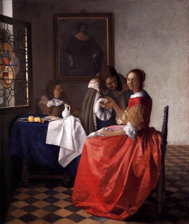 In a tiled Delft room, a woman in a bright red satin gown sits as a man in a gray cloak offers her a roemer of wine while another gentleman watches at a blue-covered table near a stained-glass window and a dark wall portrait.