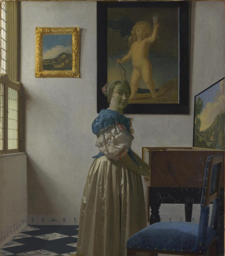 Sunlit room with a young woman standing at a virginal, looking toward the viewer; leaded-glass window at left, black-and-white tiled floor, a small framed landscape and a large painting of Cupid on the wall, and a blue upholstered chair in the foreground.