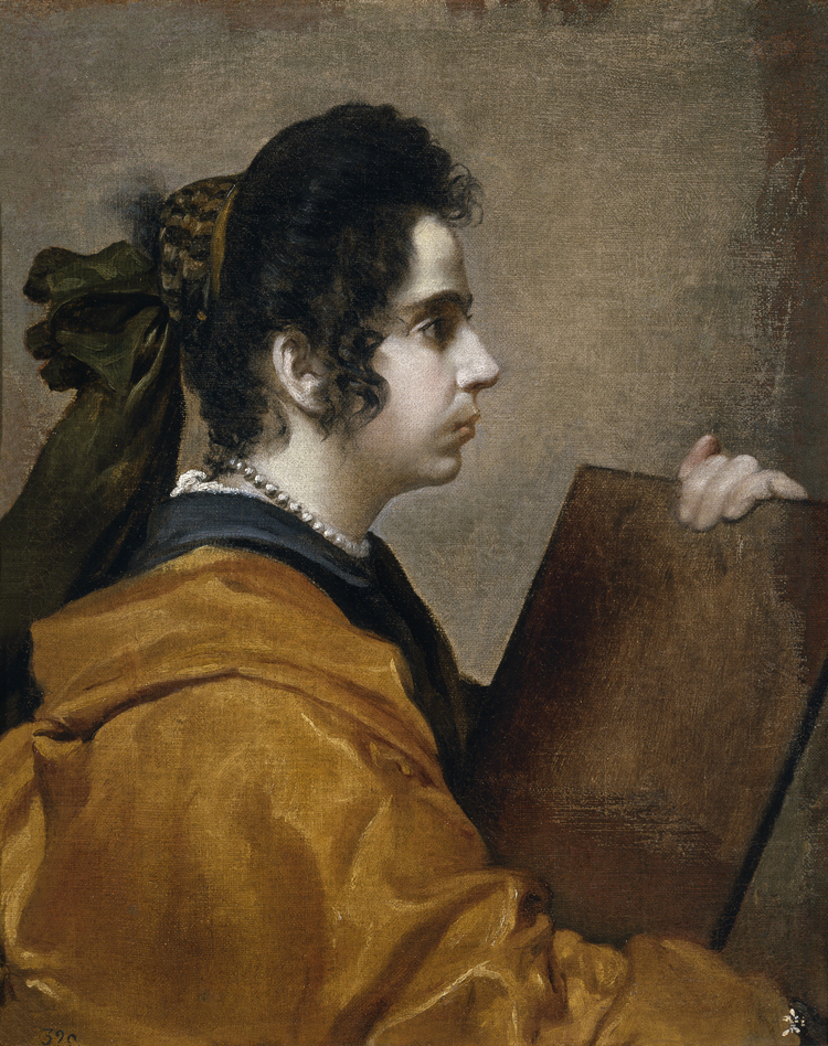 Bust-length profile of a woman identified as a sibyl, with dark curls tied by a green ribbon, pearl necklace, golden-ochre drapery, and a tablet held upright; set against a warm gray background and painted with Velázquez’s restrained, atmospheric brushwork.