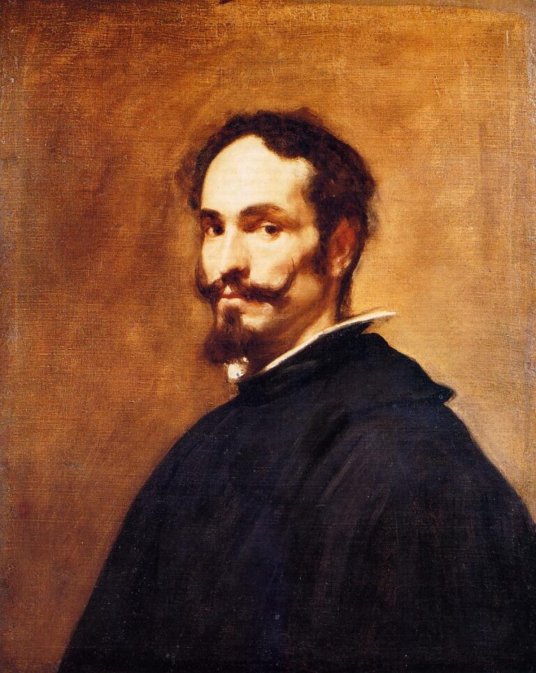Bust-length portrait of a mustached Spanish gentleman in a dark cloak against a warm brown background, turning his head toward the viewer with a slight, alert smile and a small white collar visible at the neck.