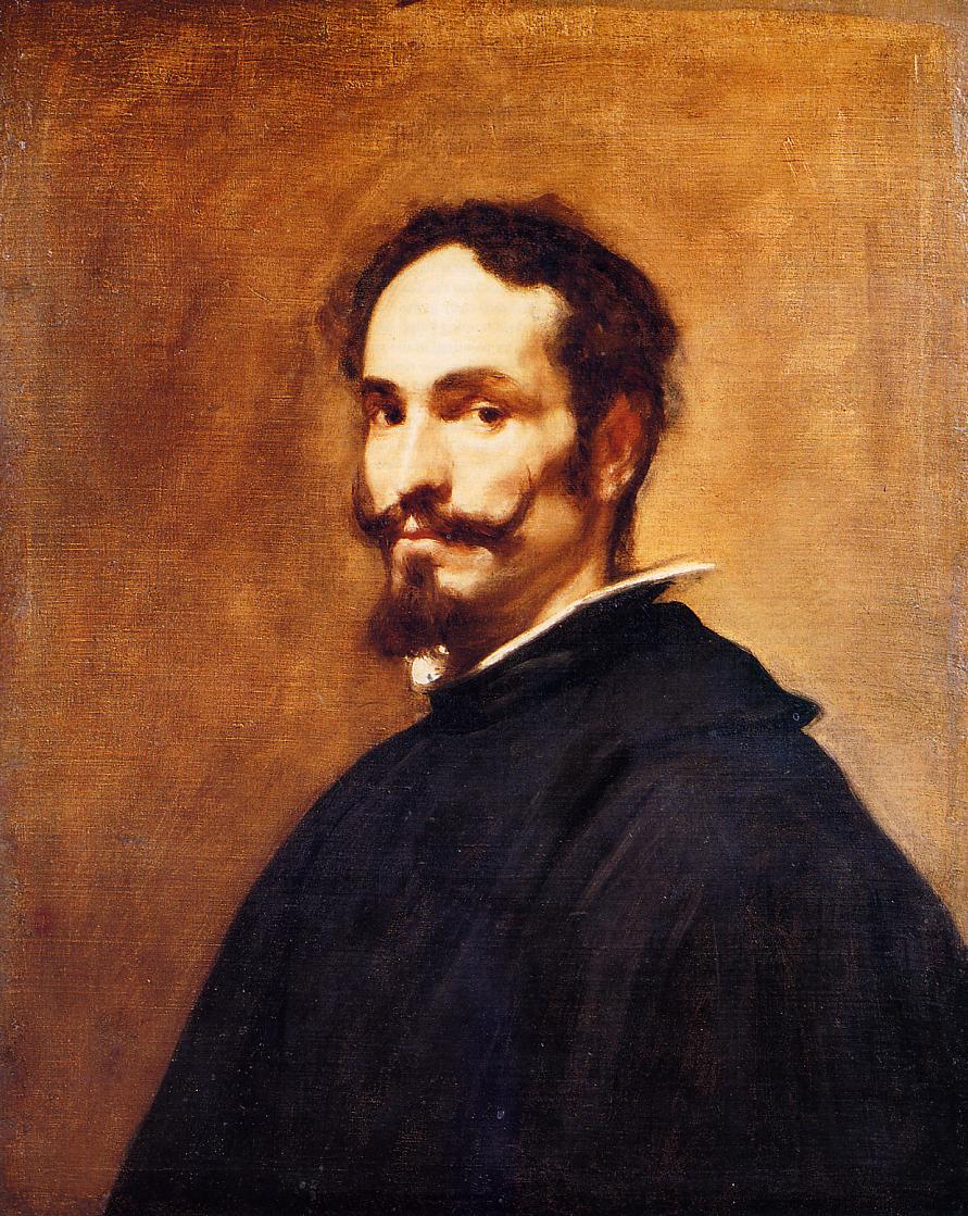 Bust-length portrait of a mustached Spanish gentleman in a dark cloak against a warm brown background, turning his head toward the viewer with a slight, alert smile and a small white collar visible at the neck.