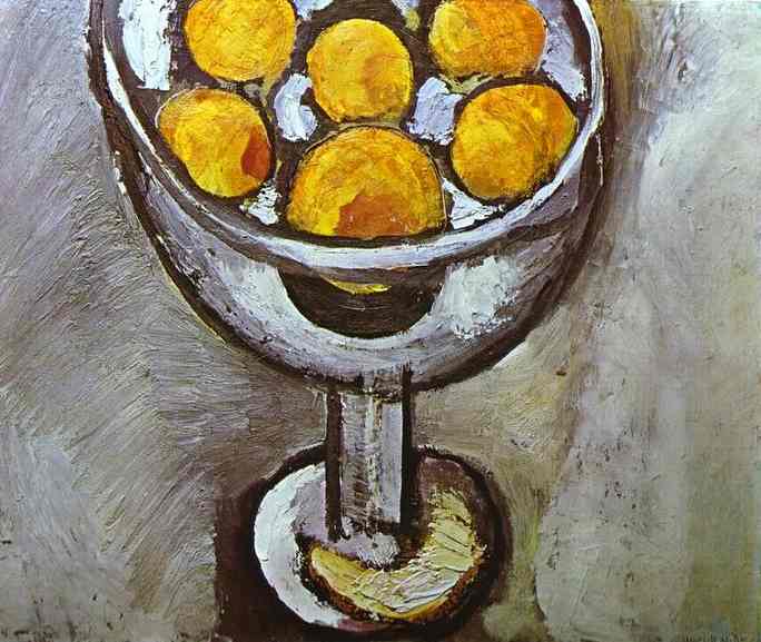 A central, silver goblet-shaped vessel seen from slightly above holds several round oranges outlined in black, with white and gray highlights suggesting reflections; a pale fruit wedge rests on the base, and the background is a rough field of cool grays that makes the warm oranges glow.