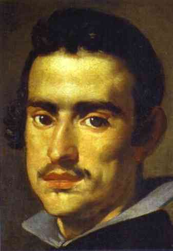 Close three-quarter view of a young Velazquez with dark hair and mustache, warmly lit against a brown ground, wearing a simple collar as he turns toward the viewer with a steady, thoughtful gaze.