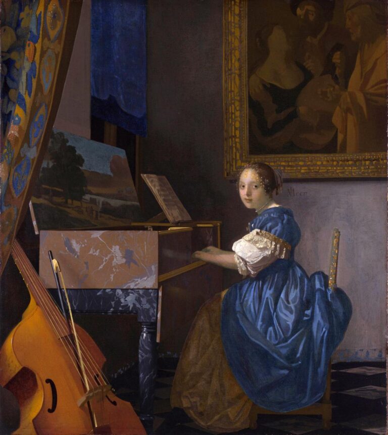A young woman in a blue satin dress sits at a virginal and looks toward the viewer; a bass viol rests in the foreground, a patterned curtain and blue drape frame the scene, a landscape appears on the instrument’s lid, and a large painting hangs on the back wall.
