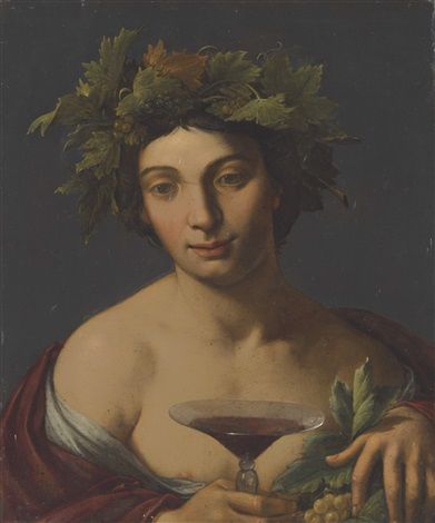A young Bacchus crowned with vine leaves sits against a dark background, calmly offering a glass of red wine while holding a cluster of grapes; warm light models his bare shoulders and the red drapery that wraps around him.