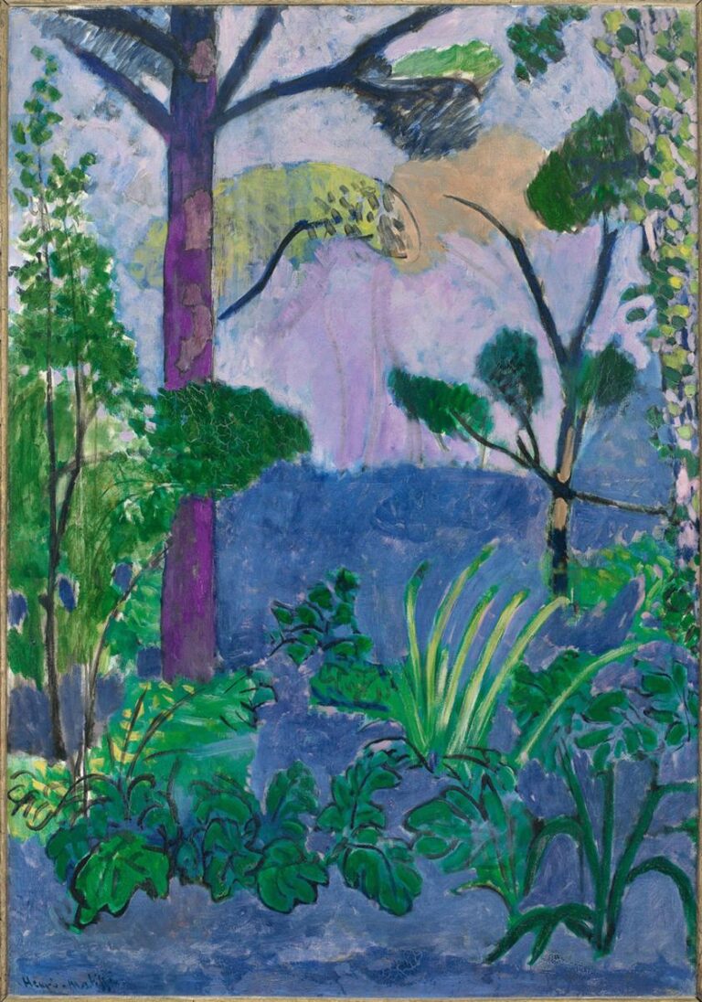 Vibrant Moroccan garden scene with large scalloped acanthus leaves in saturated greens across a cobalt-blue foreground; slender grasses rise center right; two trees with dark branching limbs—one with a purple trunk—cut into a pale lilac and beige sky; forms outlined by dark strokes and painted in flat color fields characteristic of Henri Matisse’s 1912 “Acanthus (Moroccan Landscape).”