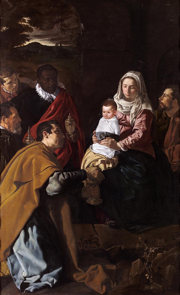 Nativity interior where Mary holds the swaddled Christ Child as three kings approach with gifts; one kneels in a golden mantle, a Black king stands behind with a red cloak, and light from the left illuminates faces and vessels against a dark background with a small landscape beyond an arch.