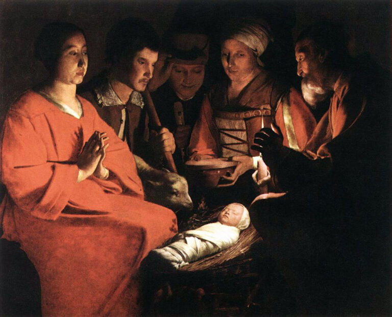 Candlelit Nativity with the Virgin, Joseph, and shepherds surrounding a sleeping infant in a straw-filled manger; Joseph cups a candle that illuminates faces, the Virgin’s red robe, a sheep, and warm shadows in a simple dark room.