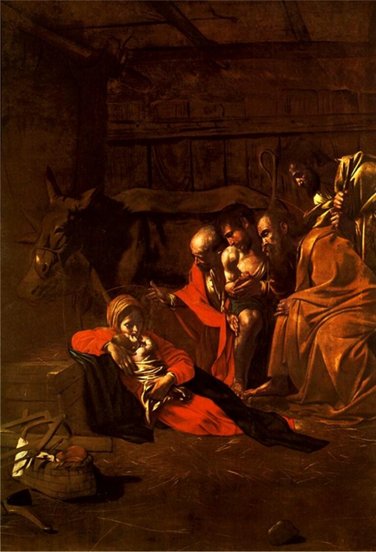 A dimly lit stable scene by Caravaggio shows Mary seated low to the ground cradling the Christ Child while three humble shepherds and Joseph lean in with quiet reverence; an ox stands in shadow behind them and a basket lies in the straw-filled foreground, all bathed in warm, focused light against deep darkness.
