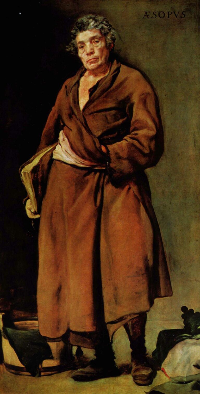 Life-size portrait of Aesop standing in a simple interior, wearing a brown robe and boots, holding a worn book at his side, head slightly tilted with a thoughtful, weathered face against a muted background labeled “AESOPVS.”