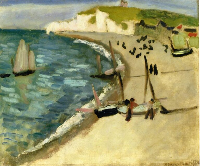 A coastal scene of the Étretat shore with green-blue sea, a curved line of surf meeting a sandy beach, beached fishing boats with tall masts in the foreground, small dark groups of people along the sand, pale chalk cliffs and grassy plateau in the distance, under a cool blue sky, painted by Henri Matisse in 1920.