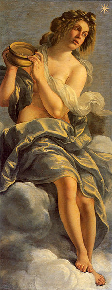 A semi-draped female figure sits on clouds holding a round compass, gazing upward toward a small star; blue-gray drapery swirls around her body in Artemisia Gentileschi’s 1615 allegory of innate genius.