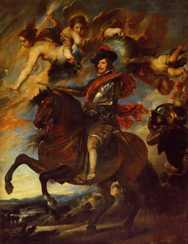Philip IV, in armor and red sash, rides a rearing horse while winged allegorical figures descend from glowing clouds with laurel and olive; soldiers look on at right and a wide landscape opens below.