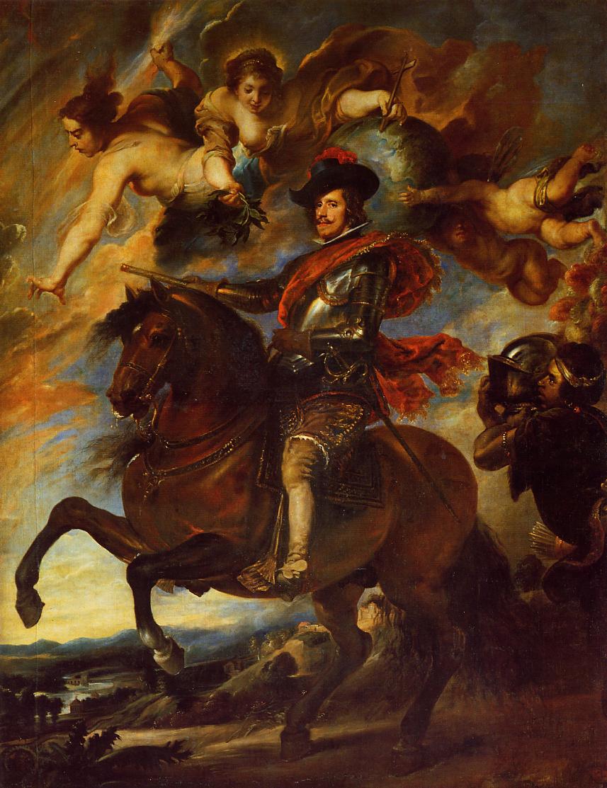 Philip IV, in armor and red sash, rides a rearing horse while winged allegorical figures descend from glowing clouds with laurel and olive; soldiers look on at right and a wide landscape opens below.