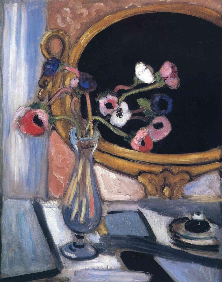 A still life with a tall glass vase of anemones set on a pale, striped table before an oval gilded mirror whose dark interior reflects the flowers; a blue curtain stands to the left and a small cup and saucer rest at the right, painted by Henri Matisse in 1920.