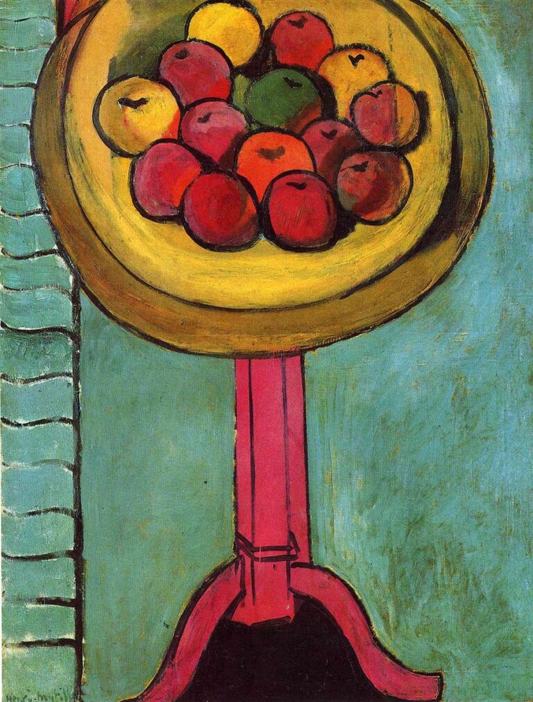 Golden bowl of red, orange, yellow, and one green apple atop a tall hot-pink pedestal table against a matte green background; black contours define dish, fruit, and pedestal; narrow wavy vertical band at left; simplified forms and bold color typical of Matisse in 1916.