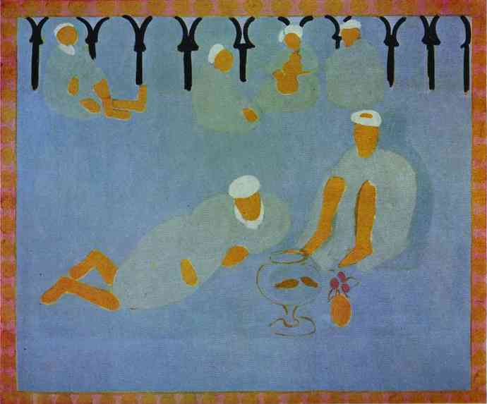 A 1913 Matisse scene of a coffeehouse: simplified figures in pale robes with orange faces, hands, and feet recline and sit on a blue-lavender field beneath a row of black horseshoe arches, framed by a pink-orange patterned border; at the lower right a small curved vessel and a tiny pot with a pink flower rest beside a kneeling figure.